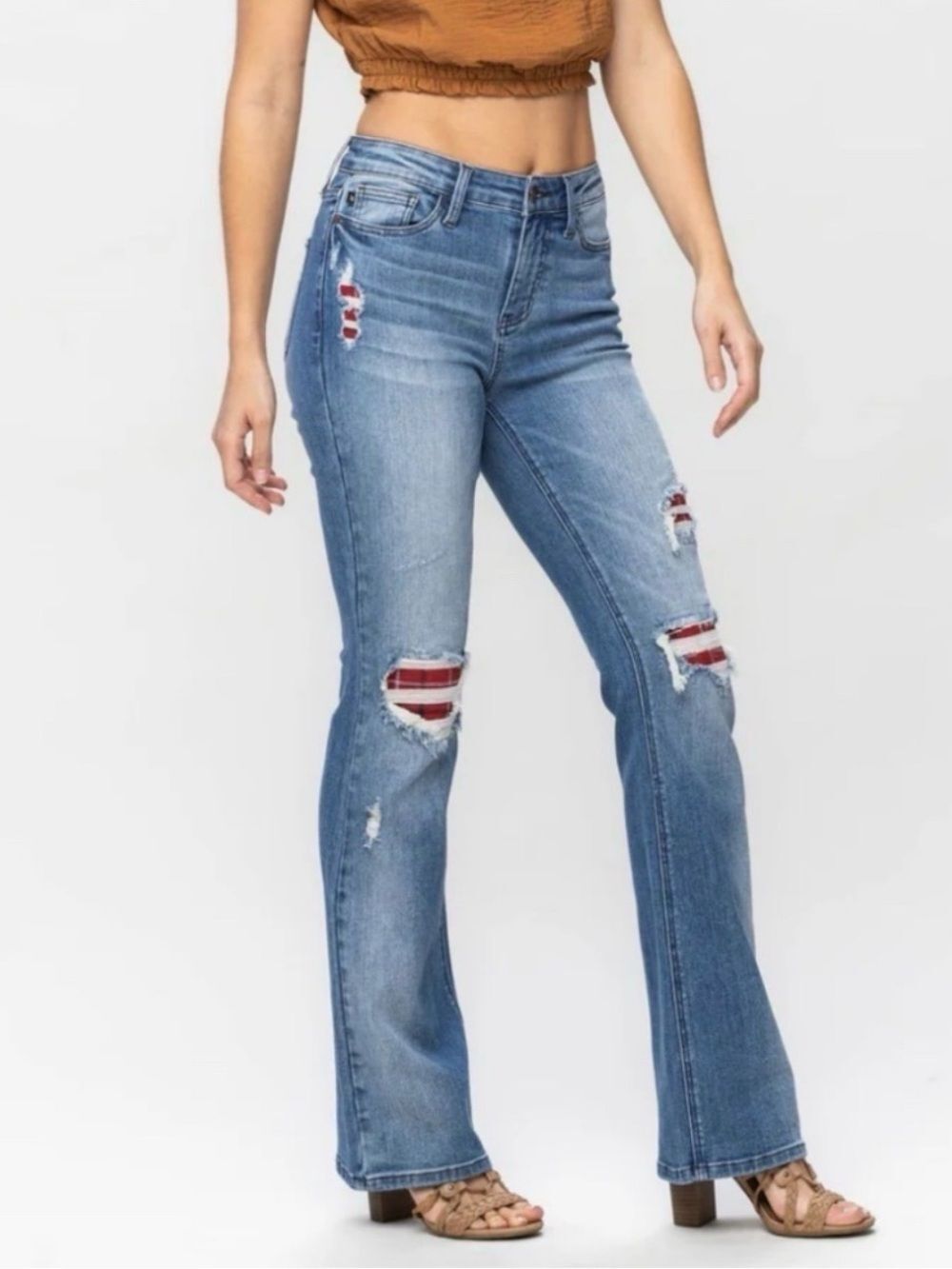 Judy Blue Mid Rise Plaid Patch Bootcut Jeans size 9/29 country cowboy NWOT